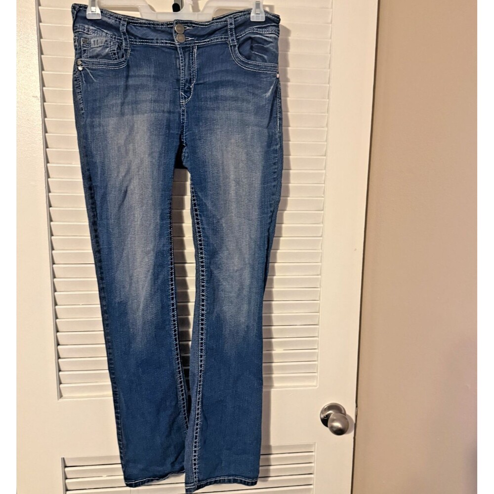 Y2K Wallflower Heavy Contrast Stitch Embroidered Pocket Bling Bootcut Jeans 13